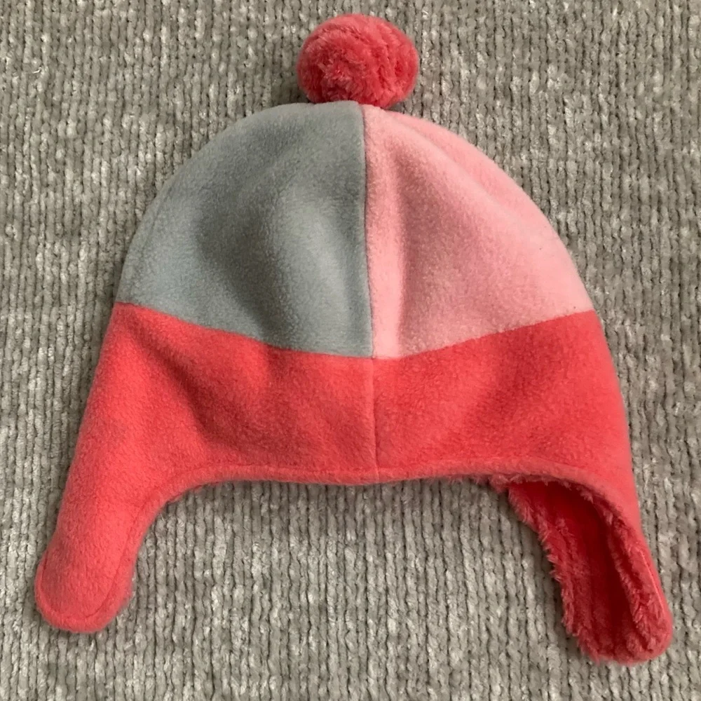 Columbia Youth S/M Fleece Ear Flap‎ Hat Pink Gray Red Pom Pom Winter Beanie